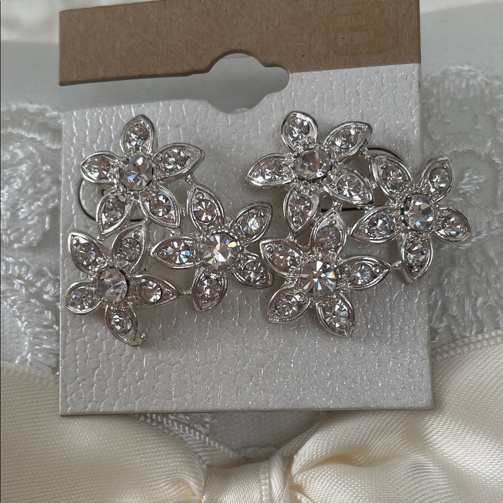 Silver Floral Rhinestone Trio, post style Earrings 1”